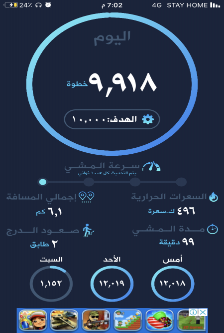 مشي اليوم ساعه و40دقيقه